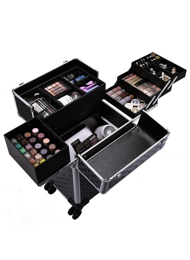 Stagiant Rolling Makeup Train Case Large Cosmetic Trolley 4 Tray with Sliding Rail Removable Layer with Key Swivel Wheels Salon Barber Storage Traveling Cart Trunk - Diamond Black  - Image 2