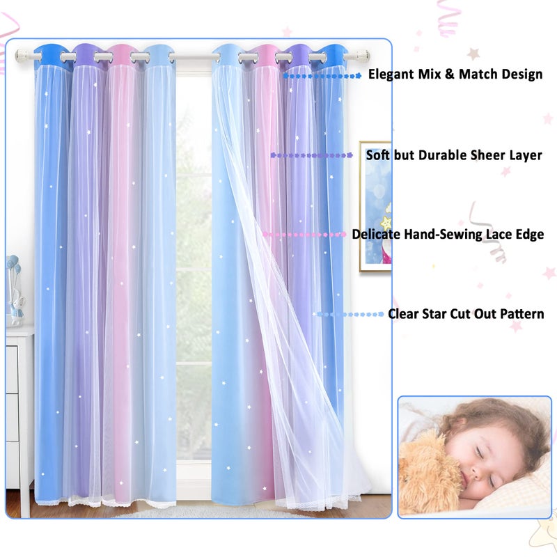 Kinryb Christmas Colorful Stripe Star Cut-Out Blackout Curtains for Girls Bedroom Double Layer Curtains with Grommet Top Romantic Kid Curtains for Living Room 2 Panels Blue/Purple 52W x 72L - Image 2