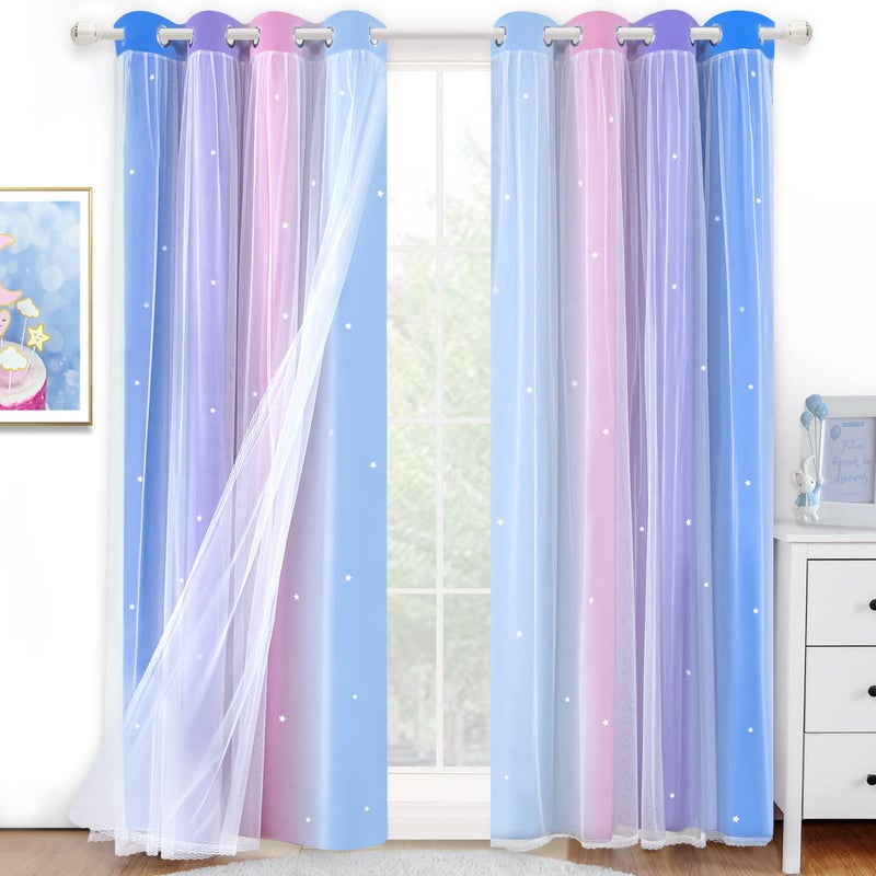 Kinryb Christmas Colorful Stripe Star Cut-Out Blackout Curtains for Girls Bedroom Double Layer Curtains with Grommet Top Romantic Kid Curtains for Living Room 2 Panels Blue/Purple 52W x 72L - Image 1