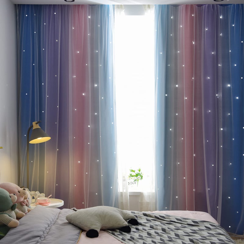 Kinryb Christmas Colorful Stripe Star Cut-Out Blackout Curtains for Girls Bedroom Double Layer Curtains with Grommet Top Romantic Kid Curtains for Living Room 2 Panels Blue/Purple 52W x 72L - Image 3