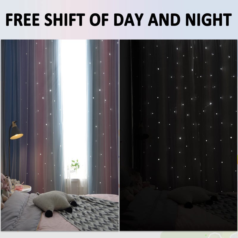 Kinryb Christmas Colorful Stripe Star Cut-Out Blackout Curtains for Girls Bedroom Double Layer Curtains with Grommet Top Romantic Kid Curtains for Living Room 2 Panels Blue/Purple 52W x 72L - Image 5