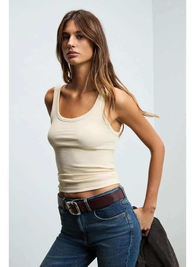 Ethiquet LILLESOL Women's ribbed-style slim fit body-hugging swim-collar cotton basic beige blouse tank.