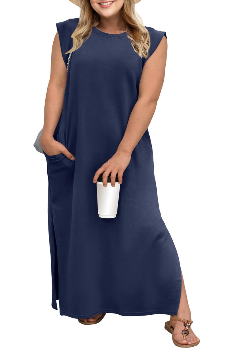 OLRIK Plus Size Maxi Dresses for Curvy Women Summer Work Office Church Cap Sleeve Air Layer Split Long Dress with Pockets Modest Navy Blue-2X - Image 1