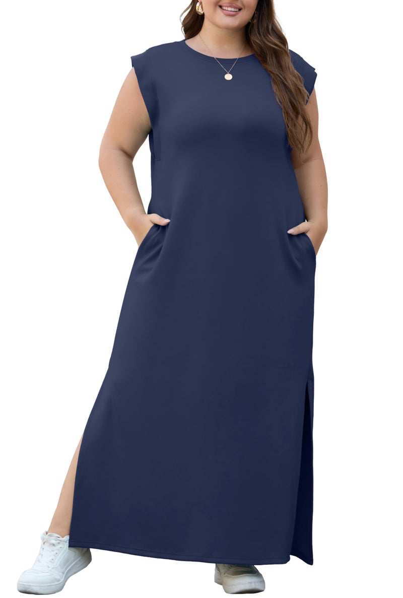 OLRIK Plus Size Maxi Dresses for Curvy Women Summer Work Office Church Cap Sleeve Air Layer Split Long Dress with Pockets Modest Navy Blue-2X - Image 2
