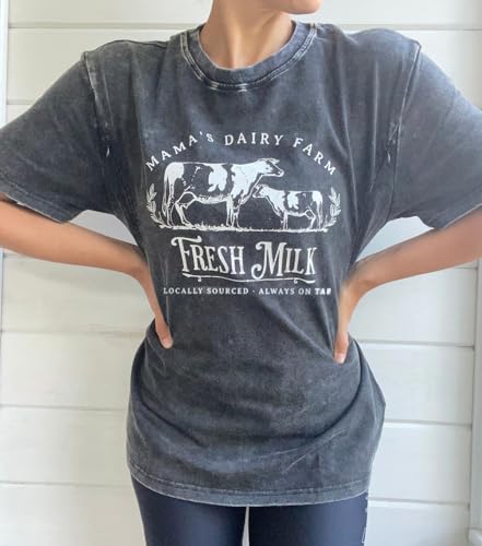 AEARGIV Women Vintage Breastfeeding Shirts Friendly Zipper Nursing Shirt Distressed Washed Maternity Tees Comfort Mama's Daily Farm Fresh Milk Tops(L,Gray) - Image 2