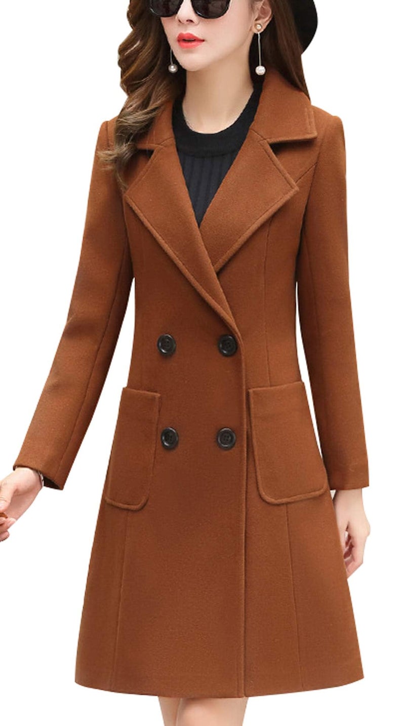 chouyatou Women Elegant Notched Collar Double Breasted Wool Blend Over Coat (X-Small, Brown) - Image 2