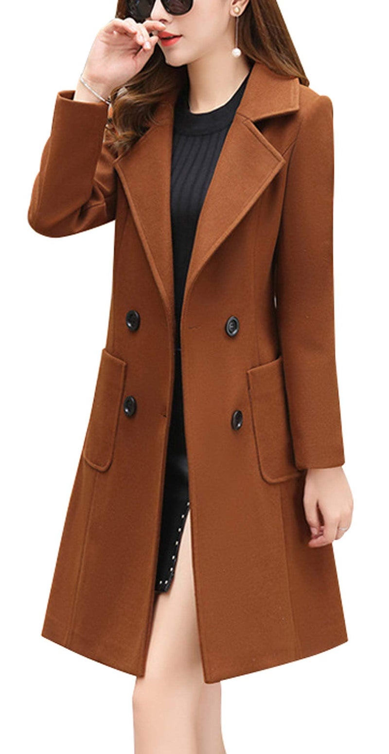 chouyatou Women Elegant Notched Collar Double Breasted Wool Blend Over Coat (X-Small, Brown) - Image 1