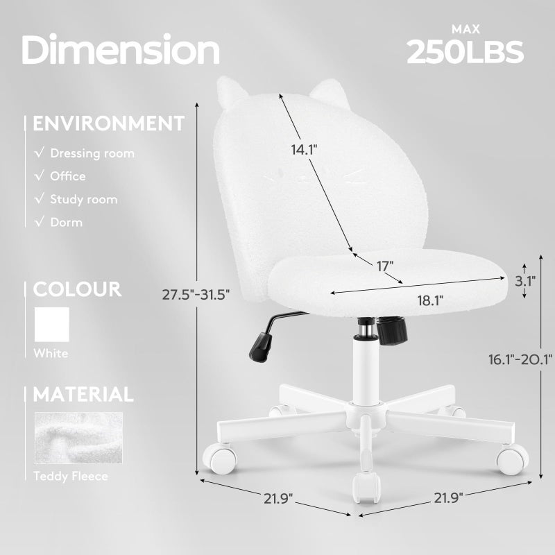 Morkprism Vanity Chair with Cat Back,Armless Desk Chair Cute Small Office Chair,Teddy Fabric Computer Chair with Adjustable Height,120Â°Tilting,Rolling,Swivel for Vanity,Kids Room,Office,Bedroom White - Image 2