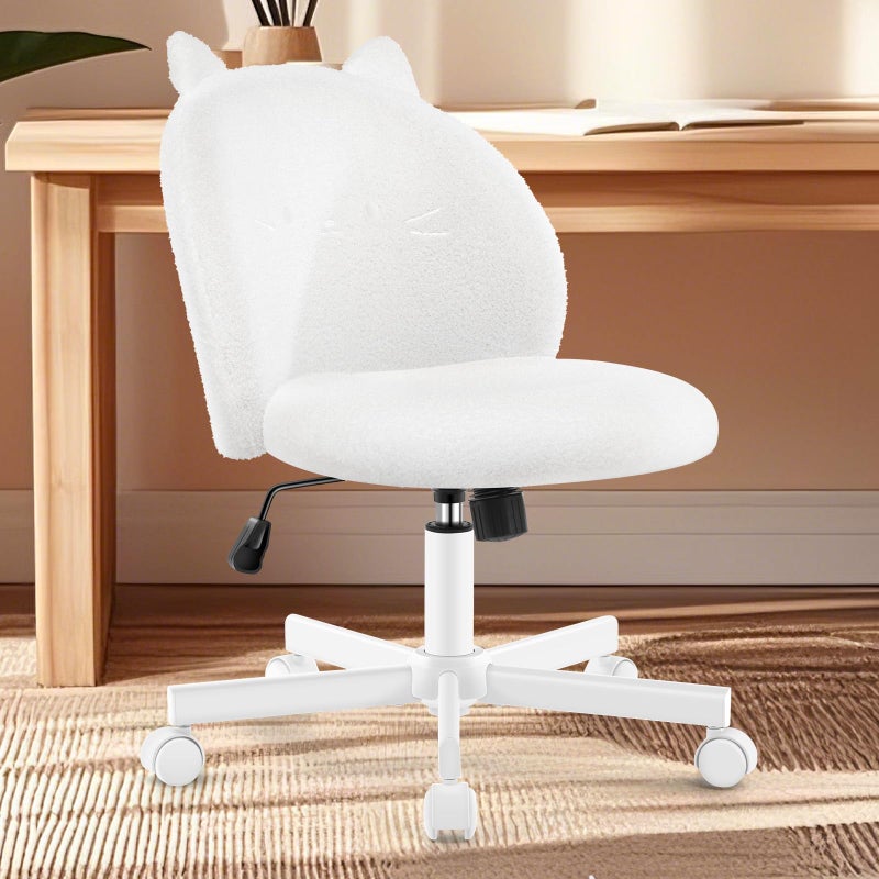 Morkprism Vanity Chair with Cat Back,Armless Desk Chair Cute Small Office Chair,Teddy Fabric Computer Chair with Adjustable Height,120Â°Tilting,Rolling,Swivel for Vanity,Kids Room,Office,Bedroom White - Image 1