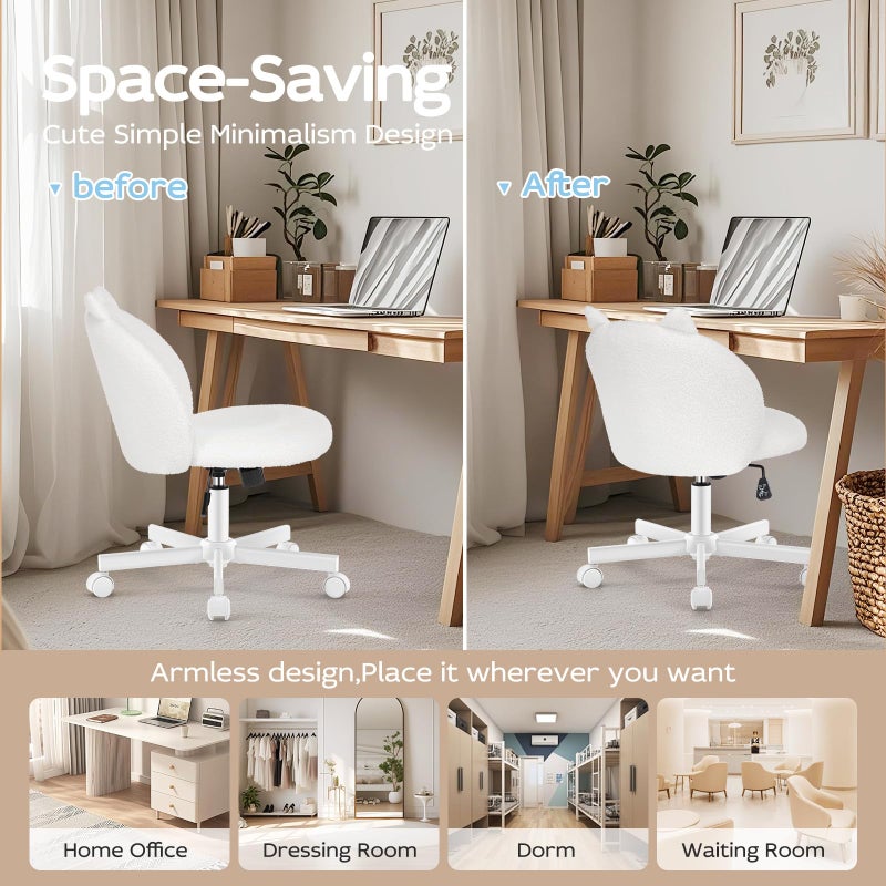 Morkprism Vanity Chair with Cat Back,Armless Desk Chair Cute Small Office Chair,Teddy Fabric Computer Chair with Adjustable Height,120Â°Tilting,Rolling,Swivel for Vanity,Kids Room,Office,Bedroom White - Image 5