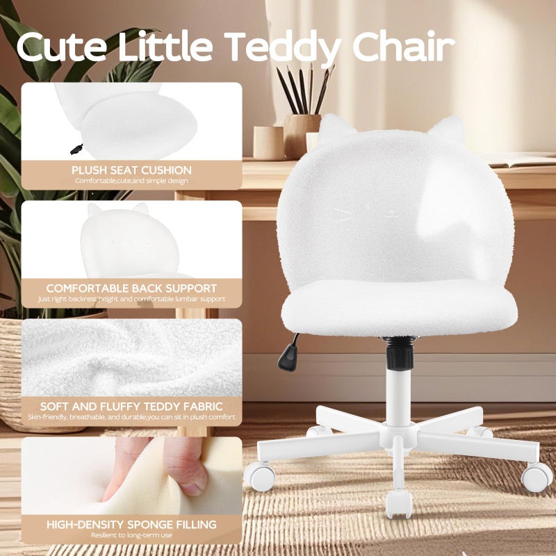 Morkprism Vanity Chair with Cat Back,Armless Desk Chair Cute Small Office Chair,Teddy Fabric Computer Chair with Adjustable Height,120Â°Tilting,Rolling,Swivel for Vanity,Kids Room,Office,Bedroom White - Image 3