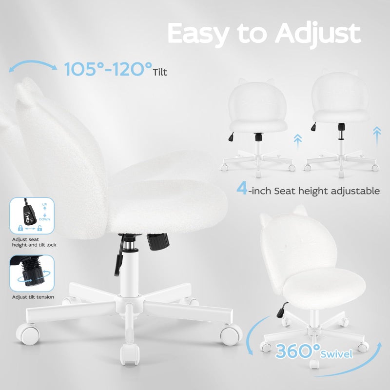 Morkprism Vanity Chair with Cat Back,Armless Desk Chair Cute Small Office Chair,Teddy Fabric Computer Chair with Adjustable Height,120Â°Tilting,Rolling,Swivel for Vanity,Kids Room,Office,Bedroom White - Image 4