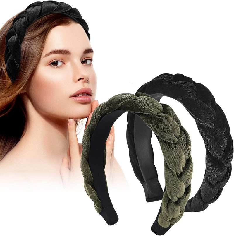 LOPHE Velvet Braided Headband 2Pcs Twisted Braid Rough Edge Hair Band NonSlip Twist Knotted Headband Wide Solid Color Hair Hoop Cute Vintage Style Braided Hairband Hair Accessories for Women Girl