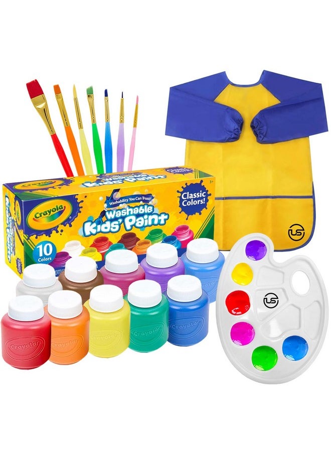 The Mega Deals - Washable Kids Paint Set 10 Ct, 7 Paint Brushes For Kids, Paint Pallet, Toddler Smock - Washable Paint For Kids, Kids Paint Supplies Washable Paint - Image 1