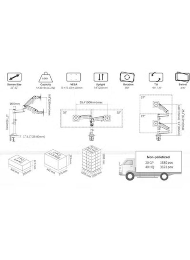حامل شاشة مزدوج للمكتب – ذراع دوار متحرك بالكامل مع نابض غازي لشاشات 17 إلى 27 بوصة (2 إلى 9 كجم) - Image 3