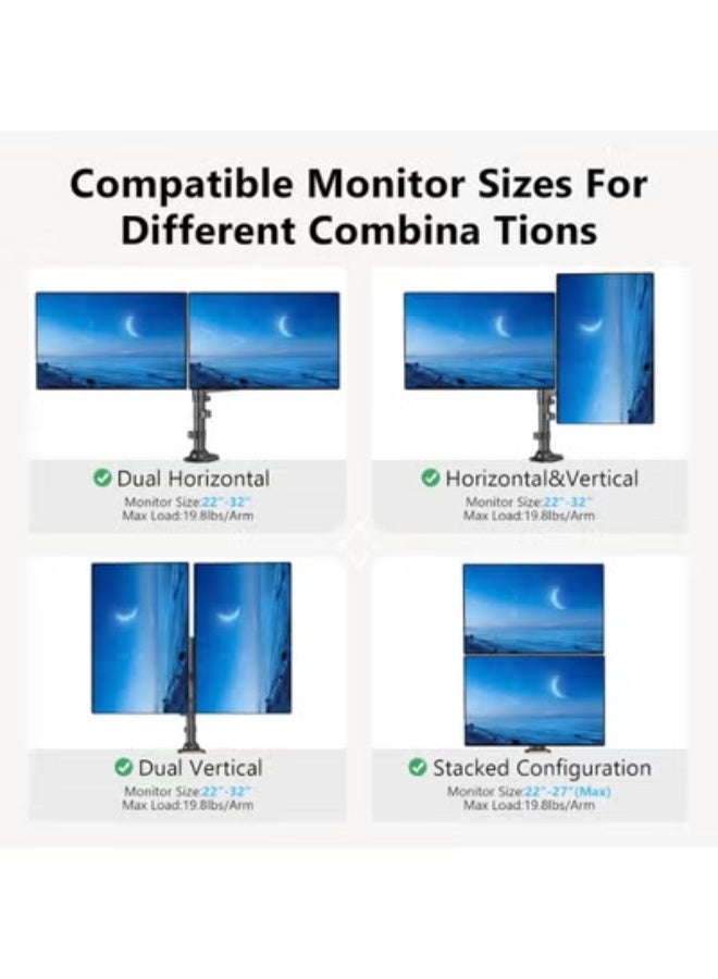 حامل شاشة مزدوج للمكتب – ذراع دوار متحرك بالكامل مع نابض غازي لشاشات 17 إلى 27 بوصة (2 إلى 9 كجم) - Image 4