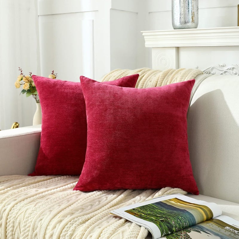 Jeneoo Bright Red Decorative Throw Pillow Covers Soft Chenille Comfy Solid Couch Cushion Cover Decor (Set of 2, 20 x 20 Inches) - Image 2
