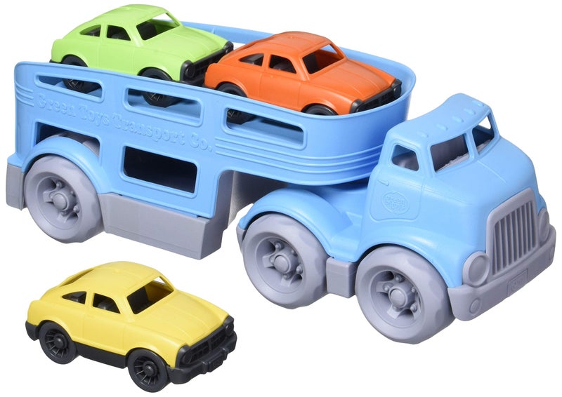 Green Toys حاملة سيارات خضراء زرقاء ألعاب تمثيلية مهارات حركية ألعاب أطفال مركبات خالية من BPA والفثالات وPVC آمنة في غسالة الصحون مصنوعة من بلاستيك معاد تدويره مصنوعة في الولايات المتحدة - Image 2