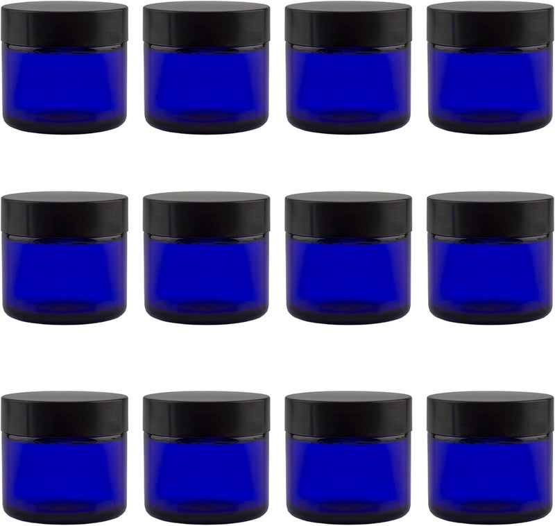 Cornucopia 2oz Cobalt Blue Glass Cosmetic Jars (12-Pack); Straight Sided Jars w/Black Plastic Lined Lids for Balms, Cosmetics, Creams & More