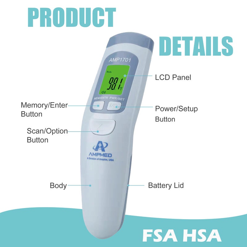 Amplim Non-Contact Forehead Thermometer for Kids and Adults. AmpMed FSA HSA Approved No-Touch Baby Head Temporal Thermometer. Touchless Digital Fever Thermometer for Accurate Temperature Reading - Image 2