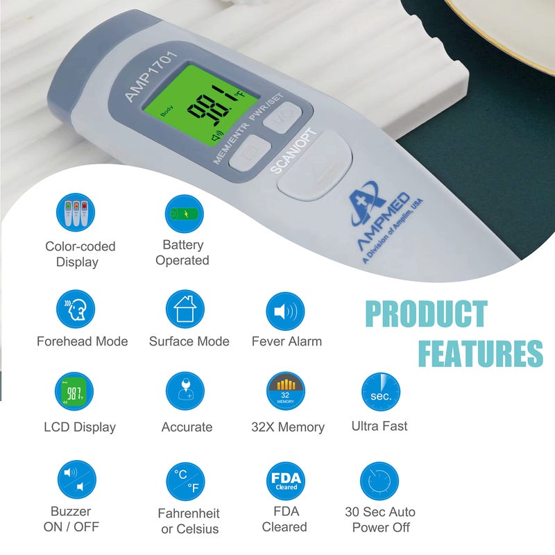 Amplim Non-Contact Forehead Thermometer for Kids and Adults. AmpMed FSA HSA Approved No-Touch Baby Head Temporal Thermometer. Touchless Digital Fever Thermometer for Accurate Temperature Reading - Image 3