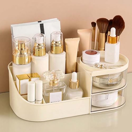 ALOXE Makeup Organizer | Makeup Box for Storage | Make Up, Cosmetic, Skincare Organiser for Women | Elegant Makeup Vanity with Transparent Drawer (Cream) - Image 1