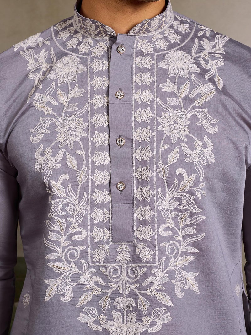 Kalaanj Men's Embroidered Silk Kurta || Only Kurta (KALSS2505MK-Purple-XL) - Image 5