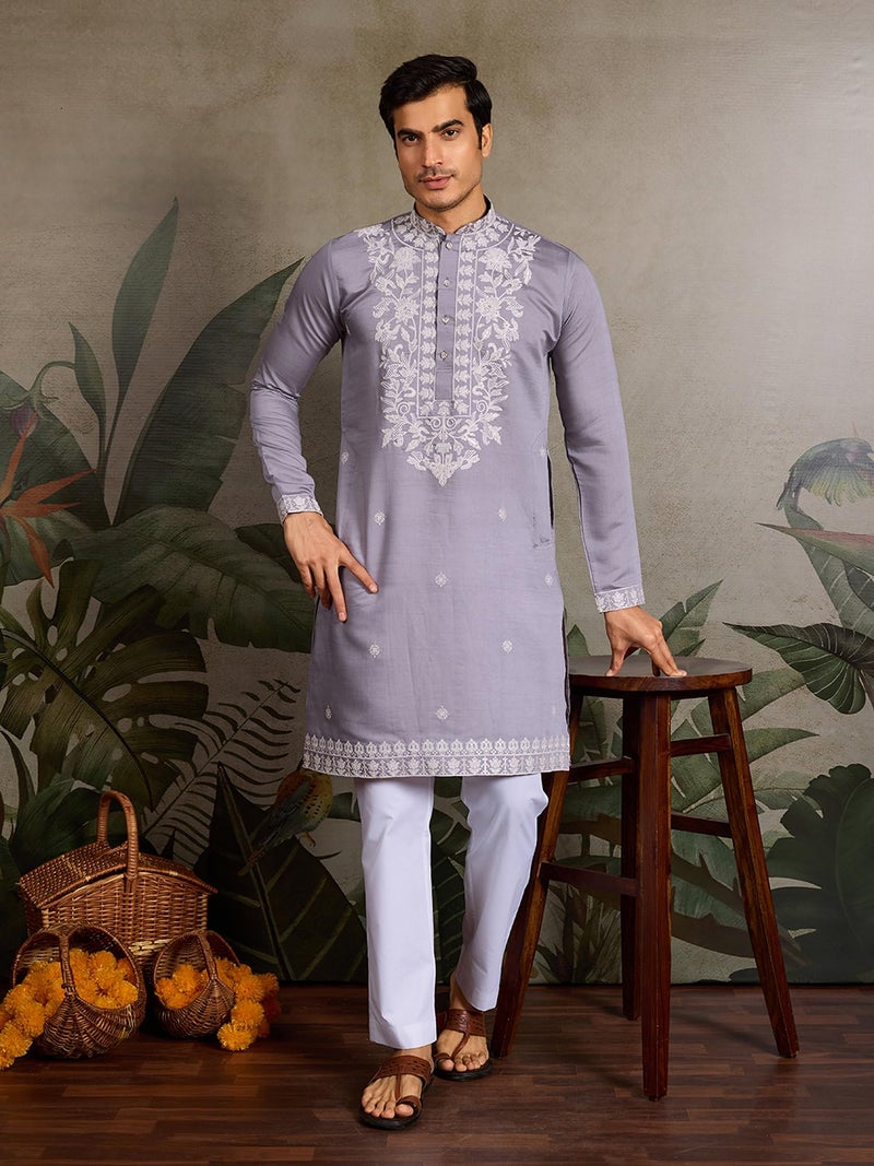 Kalaanj Men's Embroidered Silk Kurta || Only Kurta (KALSS2505MK-Purple-XL) - Image 3