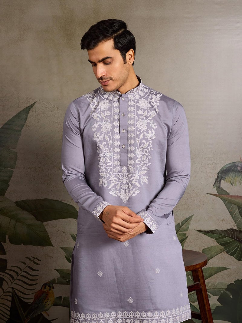 Kalaanj Men's Embroidered Silk Kurta || Only Kurta (KALSS2505MK-Purple-XL) - Image 4