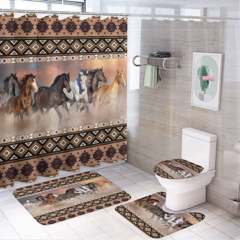 FBMLBRB Rustic Aztec Horse 4 Pieces Shower Curtain Set,Boho Abstract Tribal Farmhouse Western Desert Horse Non-Slip Rugs Toilet Lid Cover Bath Mat and Bathroom Curtain - Image 1