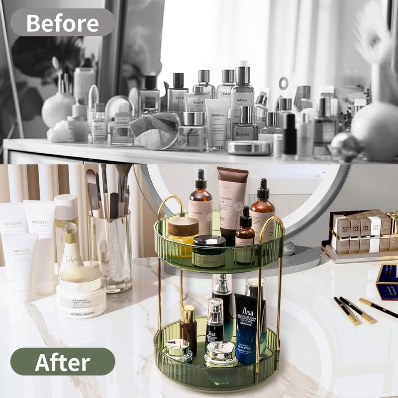 Asayuee Luxury Modern 360° Rotating Makeup Organizer, 2 Tier Large Capacity, Green - Image 4