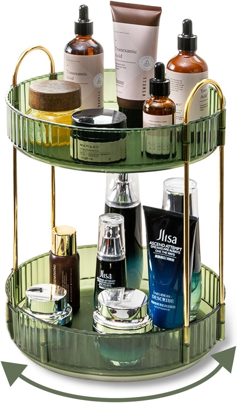 Asayuee Luxury Modern 360° Rotating Makeup Organizer, 2 Tier Large Capacity, Green - Image 1