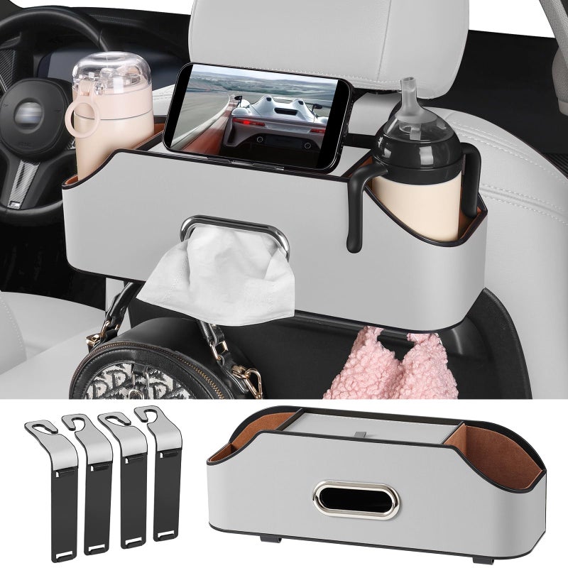 Sancaral Car Rear Backseat Extra Multifunctional Drink Cup Holder Organizers with Tissue Storage Box Organizer & Hooks for Car Seat Back (Gray) - Image 1