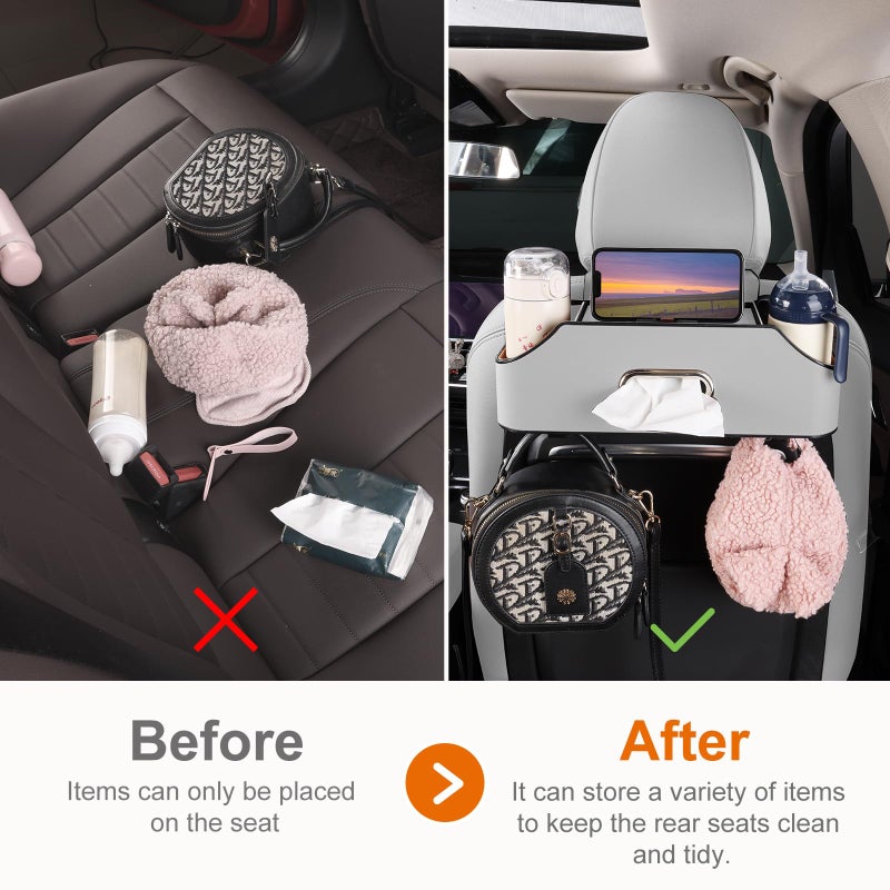 Sancaral Car Rear Backseat Extra Multifunctional Drink Cup Holder Organizers with Tissue Storage Box Organizer & Hooks for Car Seat Back (Gray) - Image 2
