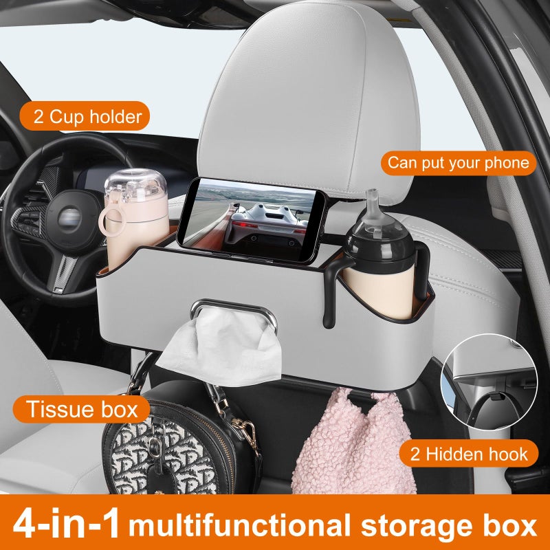 Sancaral Car Rear Backseat Extra Multifunctional Drink Cup Holder Organizers with Tissue Storage Box Organizer & Hooks for Car Seat Back (Gray) - Image 3