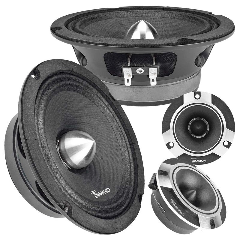 Timpano 1600 Watts Bundle 2X 6.5 Midrange Speakers TPT-MR6-4 Bullet 500 Watts, 4 Ohm + 2X Super Tweeters TPT-ST2 Chrome for Car Audio Systems (2 Speakers, 2 Tweeters) - Image 1