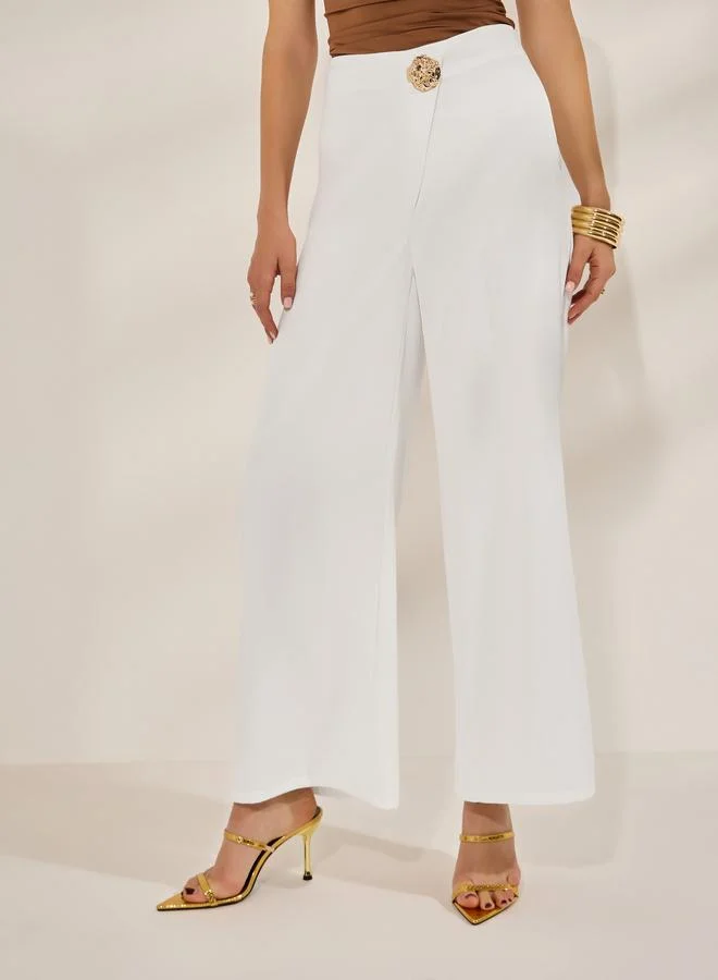 Styli Women Off White Straight Leg Trousers with Textured Button