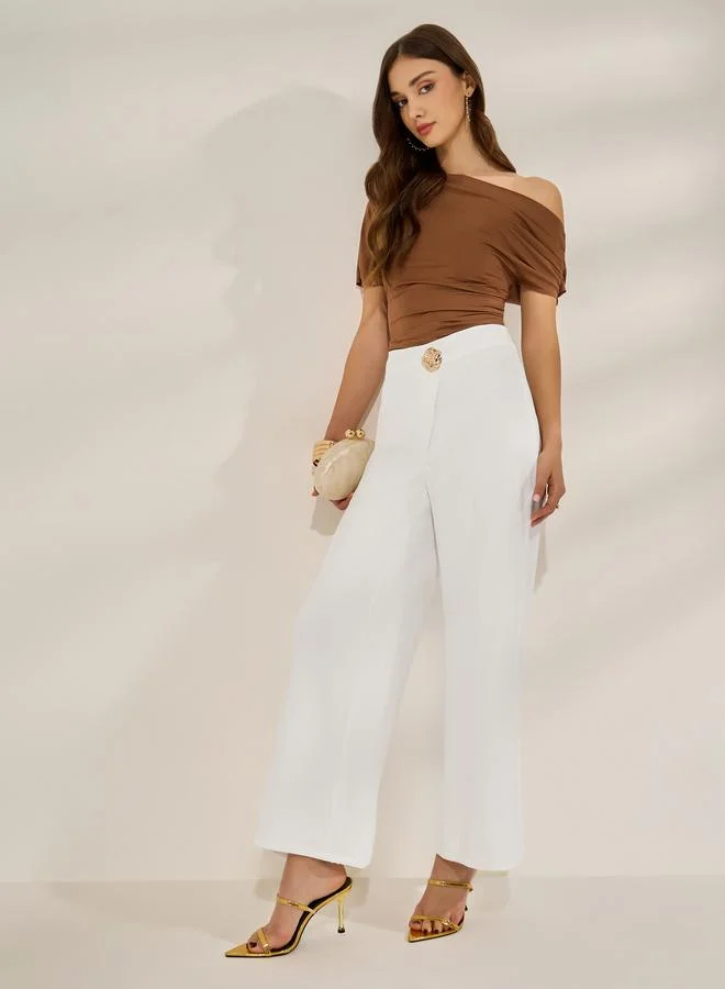 Styli Women Off White Straight Leg Trousers with Textured Button