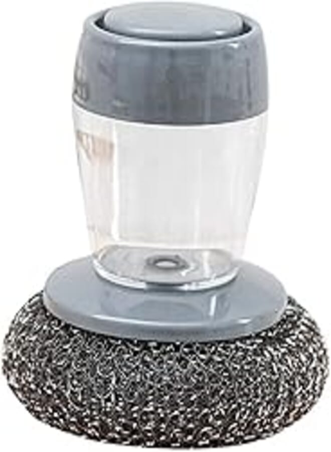 RIANZ Steel/PET Dish Scrubber, Soap Dispensing Palm Brush, Non-Scratch PET Brush with Soap Dispenser Set, Scouring Pad Pot Scrubber Metal Sponge Household Kitchen Utensil Cleaning Brush (Pack of 1)