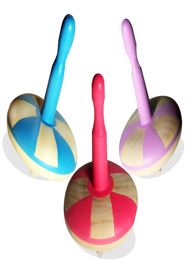 VParents Wooden Spin Tops Non Toxic Organic for Kids (3 Years+) - Curiosity & Fine Motor Skills (3 Pieces) (Pink Blue Purple) - Image 1