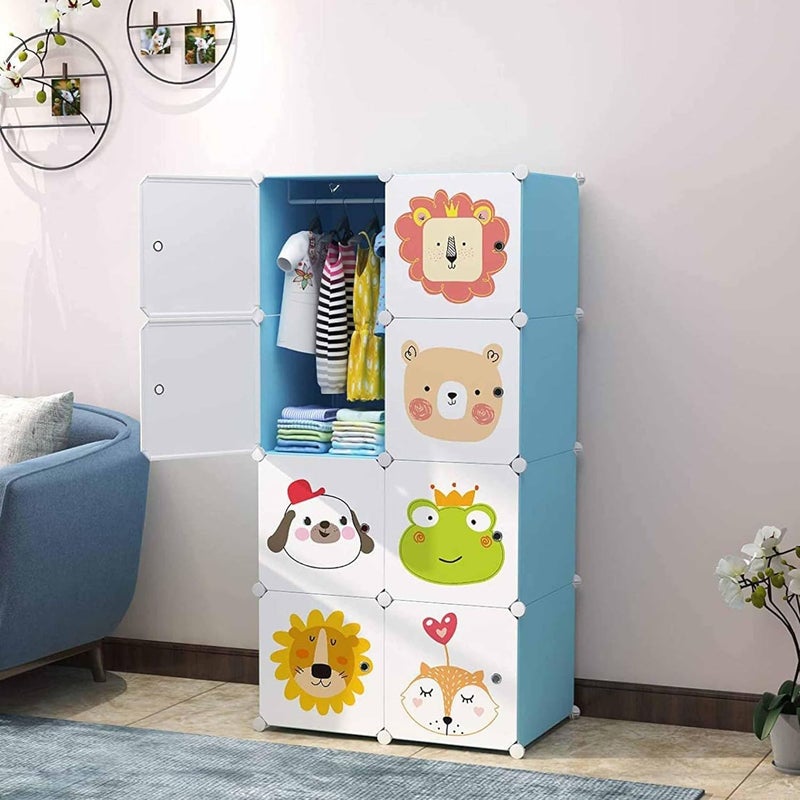 LACOSSI Plastic Baby Foldable Wardrobe For Clothes Storage Kids Almirah For Clothes Baby Cupboard For Clothes Storage Collapsible Wardrobe For Kids ClothesToysBooks Blue 8Shelf8Door - Image 1