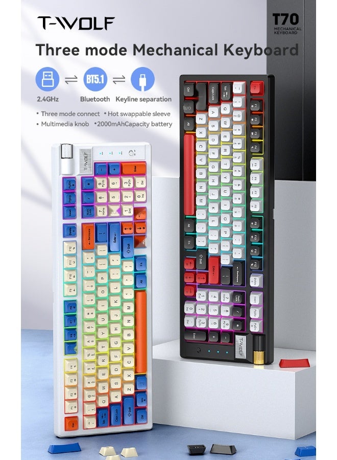 Wireless Mechanical Keyboard T-WOLF T70 Bluetooth Triple Mode RGB Gaming Hot-Swappable Red Switch Keyboard - Image 2