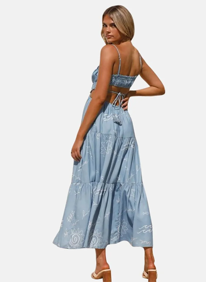 YUNIQEE Blue Abstract Printed Shoulder Straps Chiffon A-Line Midi Dress