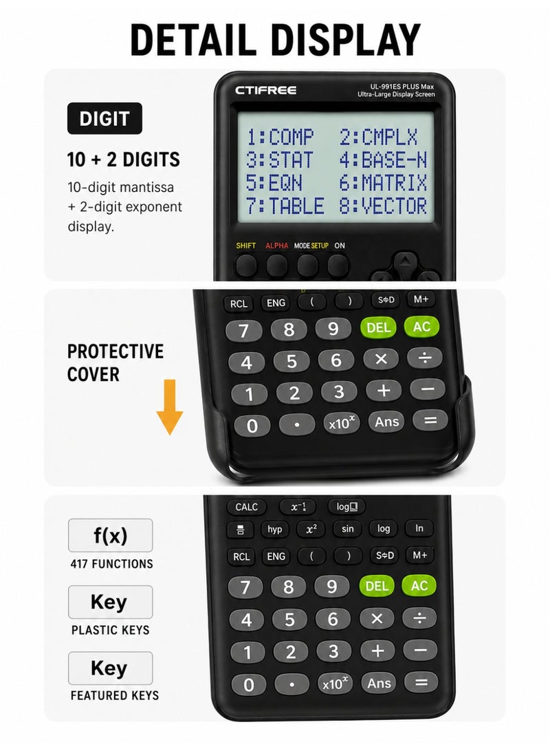 سيتيفري آلة حاسبة علمية FX-991ES Plus (الإصدار الثاني) - 417 وظيفة، شاشة عرض طبيعية (Natural Textbook Display)، مصدر طاقة مزدوج (طاقة شمسية وبطارية)، آلة حاسبة هندسية مع غطاء حماية صلب - اللون الأسود. - Image 4