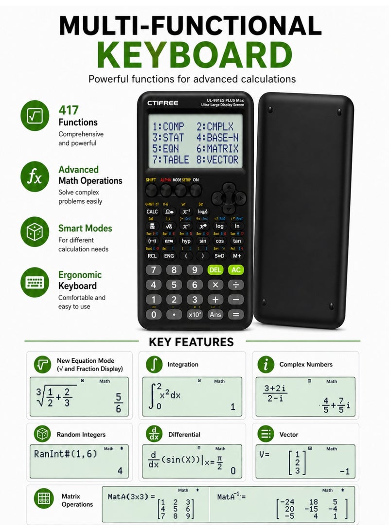سيتيفري آلة حاسبة علمية FX-991ES Plus (الإصدار الثاني) - 417 وظيفة، شاشة عرض طبيعية (Natural Textbook Display)، مصدر طاقة مزدوج (طاقة شمسية وبطارية)، آلة حاسبة هندسية مع غطاء حماية صلب - اللون الأسود. - Image 3
