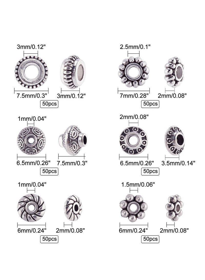 KASTWAVE Antique Silver Spacer Beads, 300pcs 6 Style Jewelry Making Metal Alloy Jewelry Beads Tube Spacers Flower Flat Rondelle, Small Loose Beads for Bracelet Necklace Earring Jewelry Making Supplies - Image 3