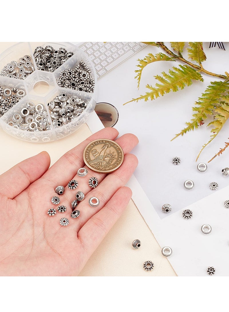 KASTWAVE Antique Silver Spacer Beads, 300pcs 6 Style Jewelry Making Metal Alloy Jewelry Beads Tube Spacers Flower Flat Rondelle, Small Loose Beads for Bracelet Necklace Earring Jewelry Making Supplies - Image 5