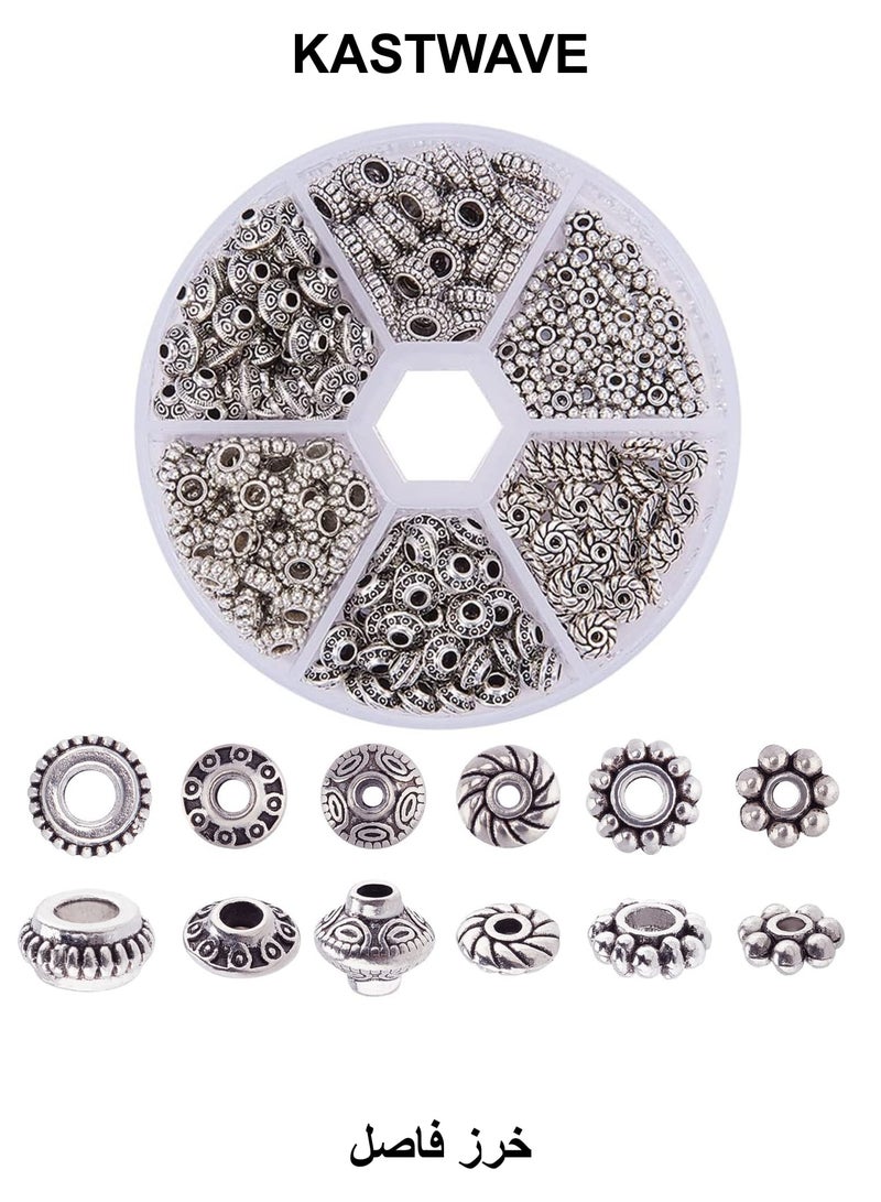 KASTWAVE Antique Silver Spacer Beads, 300pcs 6 Style Jewelry Making Metal Alloy Jewelry Beads Tube Spacers Flower Flat Rondelle, Small Loose Beads for Bracelet Necklace Earring Jewelry Making Supplies - Image 1