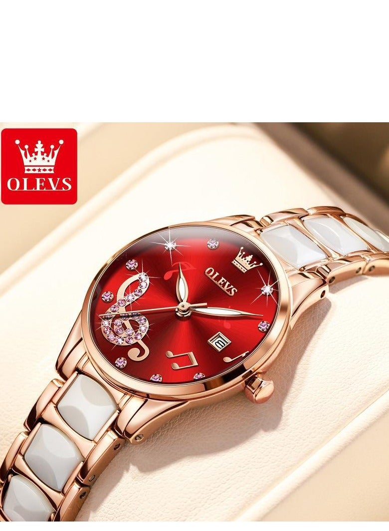 أوليفز ساعة OLEVS النسائية من السيراميك باللون الذهبي الوردي بتصميم أنيق وفاخر 3ATM مقاومة للماء وساعة كوارتز مضيئة - Image 1