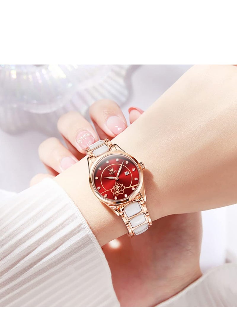 أوليفز ساعة OLEVS النسائية من السيراميك باللون الذهبي الوردي بتصميم أنيق وفاخر 3ATM مقاومة للماء وساعة كوارتز مضيئة - Image 2